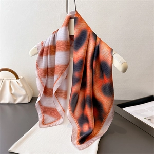 Women Fashion Satin Square Scarf Leopard Print Spliced Striped Headscarf Versatile Shawl Elegant Silk Like Neck Scarf Accessory