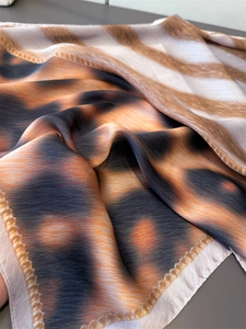 Detailed close-up showing glossy leopard print silk texture and fine edge stitching