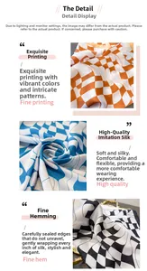 Detailed views of checkerboard silk-like scarves showing premium print and hem edges