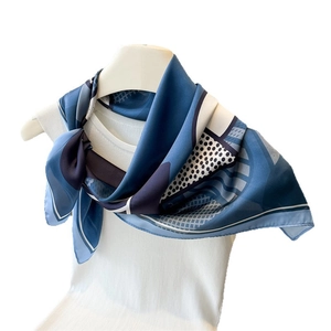 Elegant blue and white geometric silk scarf with modern polka dots and stripes