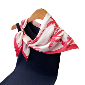 Fresh floral silk scarf with red palm leaf print on white background for summer style