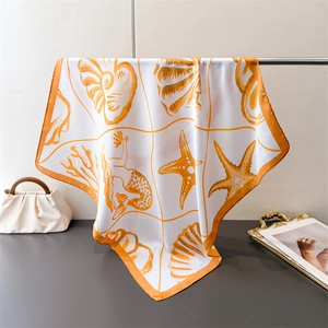 Women Satin Feeling Square Scarf Ocean Mermaid Starfish Print Elegant Beach Vacation Head Wrap Neck Scarf Fashion Accessories