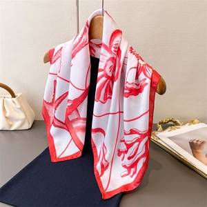 Luxurious faux silk printed beach scarf with red starfish and coral pattern on white base