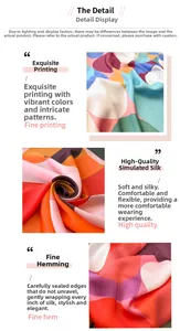 Detailed view of high-definition digital print and fine stitching on a faux silk scarf