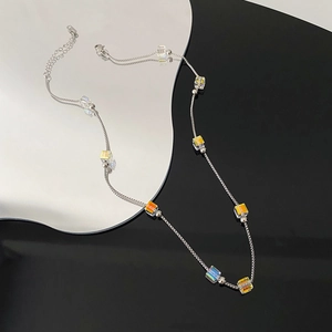 Minimalist Square Cube Crystal Bead Necklace Stainless Steel Aurora Rainbow Pendant Jewelry For Women Niche Design Elegant