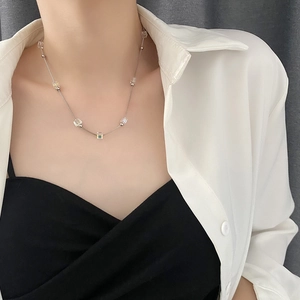 Minimalist crystal beaded titanium steel necklace with square iridescent beads for women