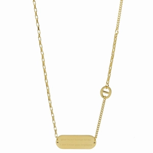 Gold titanium steel necklace with asymmetrical chain and engraved rectangular pendant