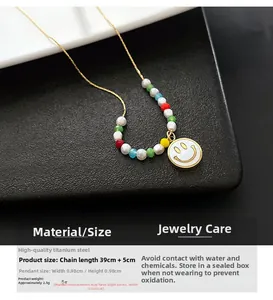 Macro shot of titanium steel smile necklace with colorful beads and size dimensions