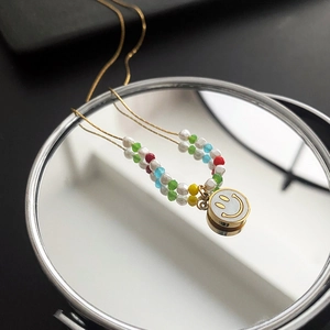 Stainless Steel Smiley Face Pendant Necklace With Colorful Beads Faux Artificial Pearl Enamel Charm Trendy Jewelry For Women