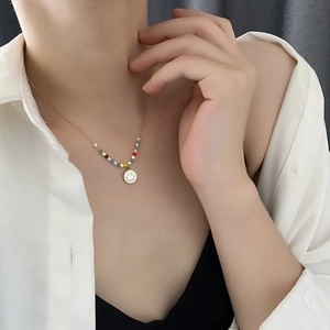 Colorful beaded smiley face necklace with gold titanium chain for women neck jewelry