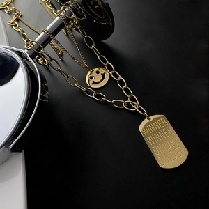 Layered Titanium Steel Necklace Smiley Face And Rectangular Tag Pendant Hip Hop Streetwear Unisex Punk Jewelry