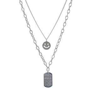 Double-layered stainless steel necklace with smiley face and winner engraved pendant