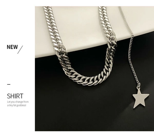 Silver cuban link chain and fine necklace with star pendant in titanium steel
