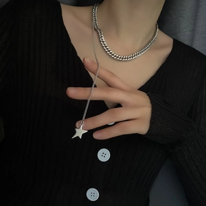 Layered Necklace With Star Pendant Titanium Steel Cuban Chain Silver Tone Hip Hop Punk Style For Women Men