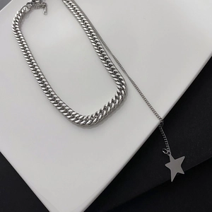 Silver double-layer titanium steel necklace with thick Cuban chain and star pendant