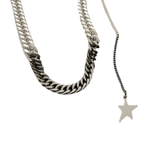 Silver stainless steel chunky mixed chain necklace with star pendant for women