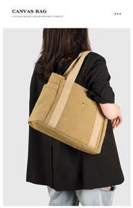 Sac cabas en toile avec poches latérales et rabat avant, porté sur l'épaule