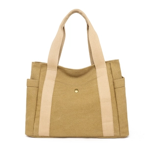 Sac Fourre-tout en Toile Grande Capacité pour Femmes Sac à Bandoulière Décontracté Rétro Avec Plusieurs Poches et Boucle en Métal Couleur Unie