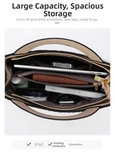 Interior layout of beige tote bag with multiple compartments showing large capacity space