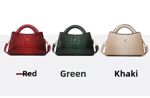 Three multi-color tote bags with crocodile pattern, gold V-buckle and shoulder straps
