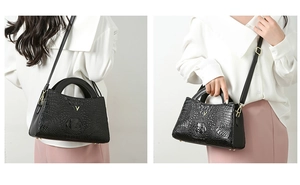 Crocodile pattern handbag with gold V logo shown in shoulder and handheld styles