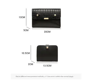 Detail view showing dimensions of embossed black wallets and clutch set with gold hardware