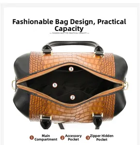 Top view showing interior pockets and large capacity of crocodile embossed Boston bag