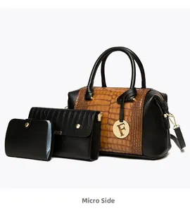 Three-piece set featuring brown crocodile embossed tote, crossbody bag and small wallet