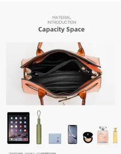 Internal storage detail of orange tote bag showing multiple compartments and items