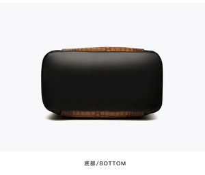 Detail view of the flat rectangular base with black leather and brown crocodile pattern