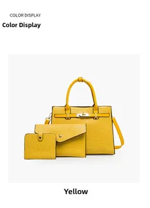 Three-piece yellow handbag set with crocodile pattern and golden twist lock closure