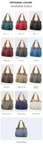 Grid view of thirteen colorful large canvas tote bags with reinforced handles and crossbody straps