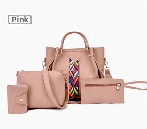 Vierteiliges rosa Handtaschen-Set mit großem Shopper, Umhängetasche und passenden Geldbörsen