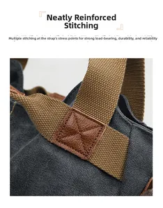 Close-up of reinforced cross-stitching on canvas tote bag straps for durability