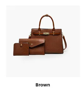 Detail of 3pcs brown embossed lizard pattern handbag set with golden twist lock