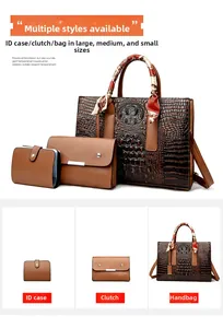 Set di tre borse marroni con motivo a coccodrillo, borsa tote e foulard decorativo