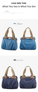 Detail view of large canvas tote bag showing navy blue color and back zipper pocket