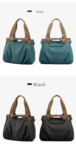 Detail view of lake blue and black canvas tote bags with leather corners and wide straps