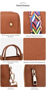 Detailansicht der braunen Handtasche mit Litschi-Struktur, Webriemen und Metallbeschlägen