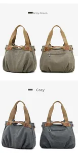 Detail view of army green and grey canvas tote bags with brown handles and rear zipper pockets