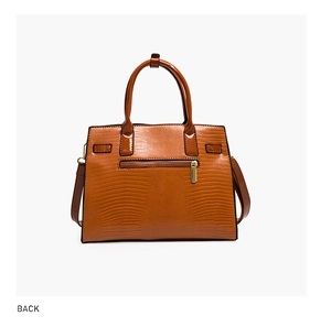 Rear view of brown crocodile pattern handbag showing smooth metal zipper pocket details