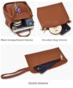 Dreiteiliges braunes Leder-Taschenset mit Innenraumdarstellung für Handy und Kosmetik