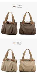 Detail view of coffee and khaki canvas tote bags showing reinforced handles and back zipper pocket