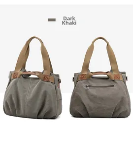 Detail view of Dark Khaki canvas tote bag showing back zipper pocket and sturdy handles