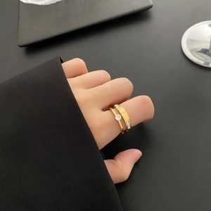 Elegant gold double layer zircon ring set with engraved band for a stylish luxury look