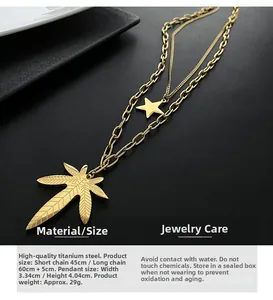 Detail of titanium steel gold maple leaf and star pendant necklace with chain dimensions