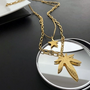 Gold double-layered titanium steel necklace with star and maple leaf pendants