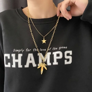 Double layer gold titanium steel necklace with maple leaf and star pendants for women
