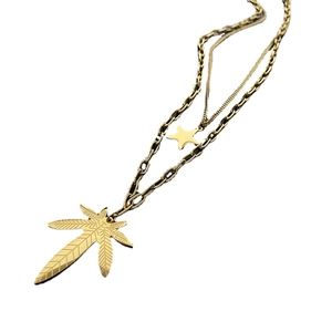 Double-layered gold titanium steel necklace with maple leaf and star pendants