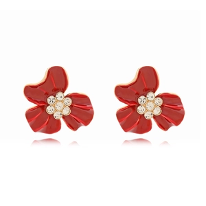 Élégantes boucles d'oreilles fleurs en émail rouge avec centre en cristal brillant